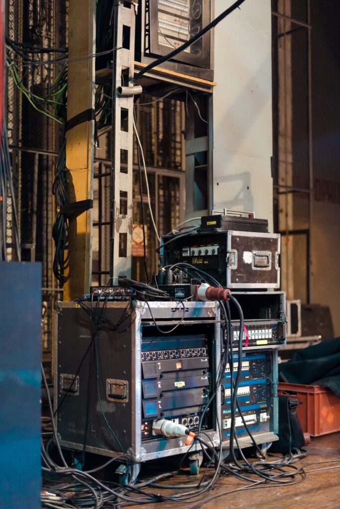 a rack with the audio gear on the live event